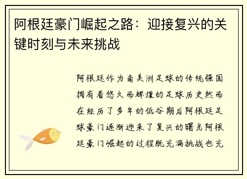 阿根廷豪门崛起之路：迎接复兴的关键时刻与未来挑战